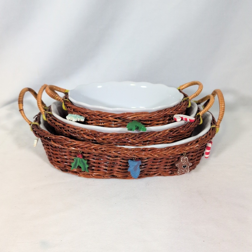 Snowman Serving Dishes Set of 3 With Baskets and Holiday Charms Cottage